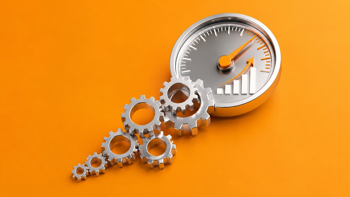 Silver gears leading to a performance gauge with rising bars on an orange background, representing HubSpot optimization and improved performance.