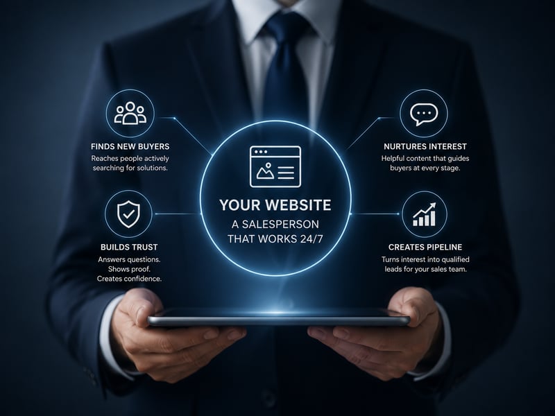 Business professional holding a digital interface displaying a website as a 24/7 salesperson with marketing and lead generation icons.