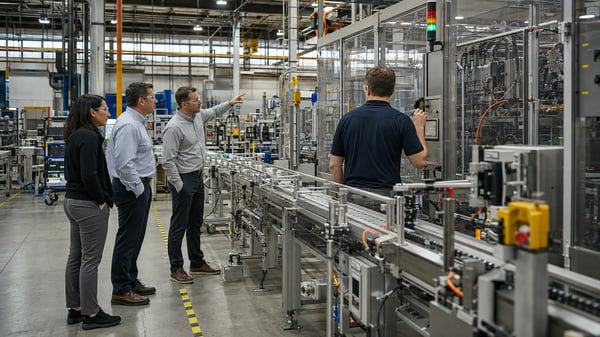 A team of enterprise manufacturing leaders evaluates an automated production line during a factory acceptance test.