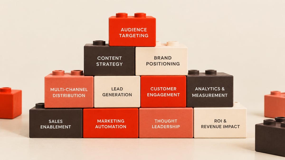 Multi-colored building blocks with key B2B Marketing terms on each block