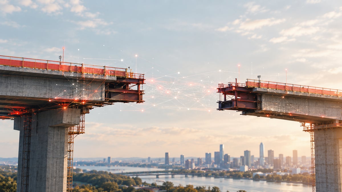 A bridge with a missing middle section and electronic lines connecting the two sides to represent the AI readiness gap in B2B companies