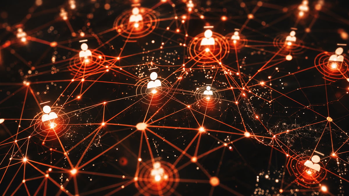 Abstract digital network connecting people across a global map, representing worldwide communication and connections.