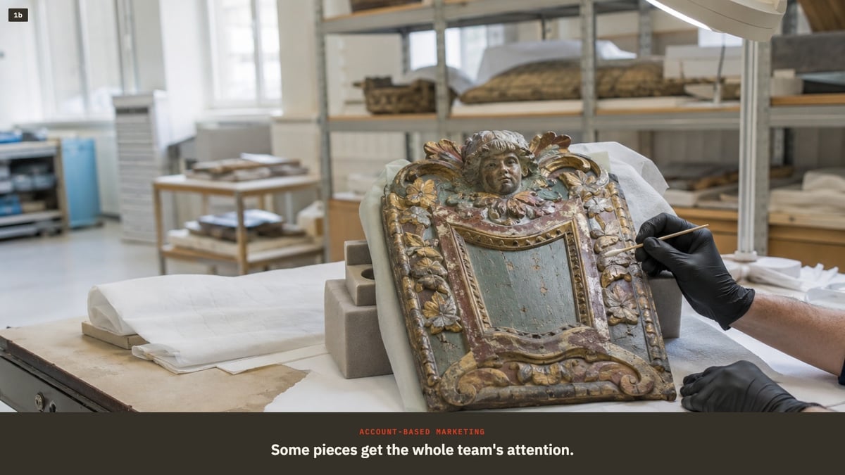 Museum conservator carefully examining a selected artifact in a working conservation studio, with collection storage softly out of focus behind it.