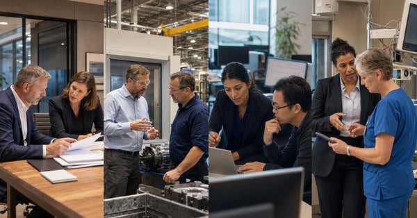 Sales professionals collaborating with leaders across private equity, manufacturing, technology, and healthcare industries.