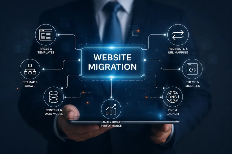 Illustration of a website migration process to HubSpot, showing icons for pages and templates, redirects and URL mapping, sitemap crawl, theme and modules, content and data model, DNS and launch, and analytics and performance.