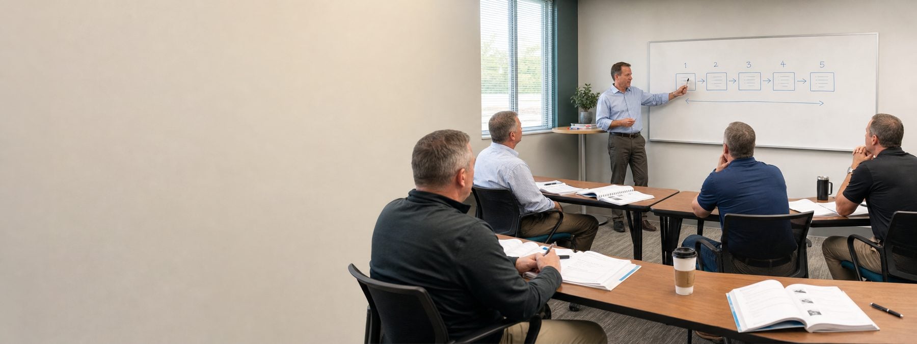 A salesperson presenting to several decision makers around a conference table