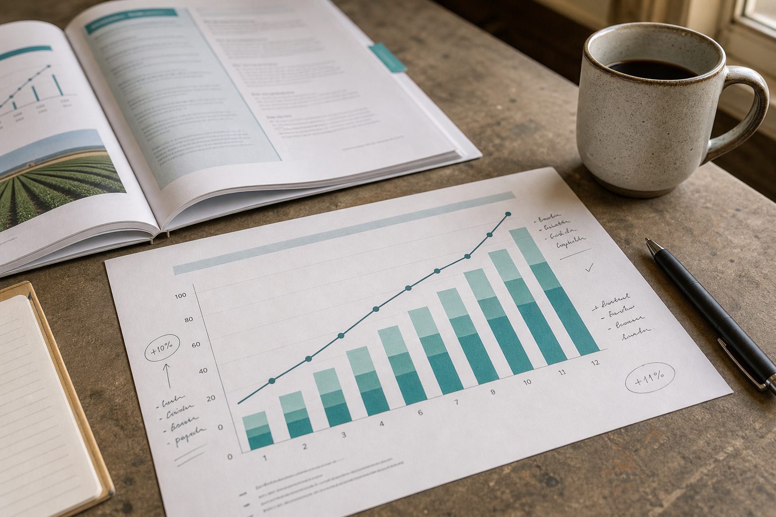 Agriculture sales planning chart and training workbook on a table