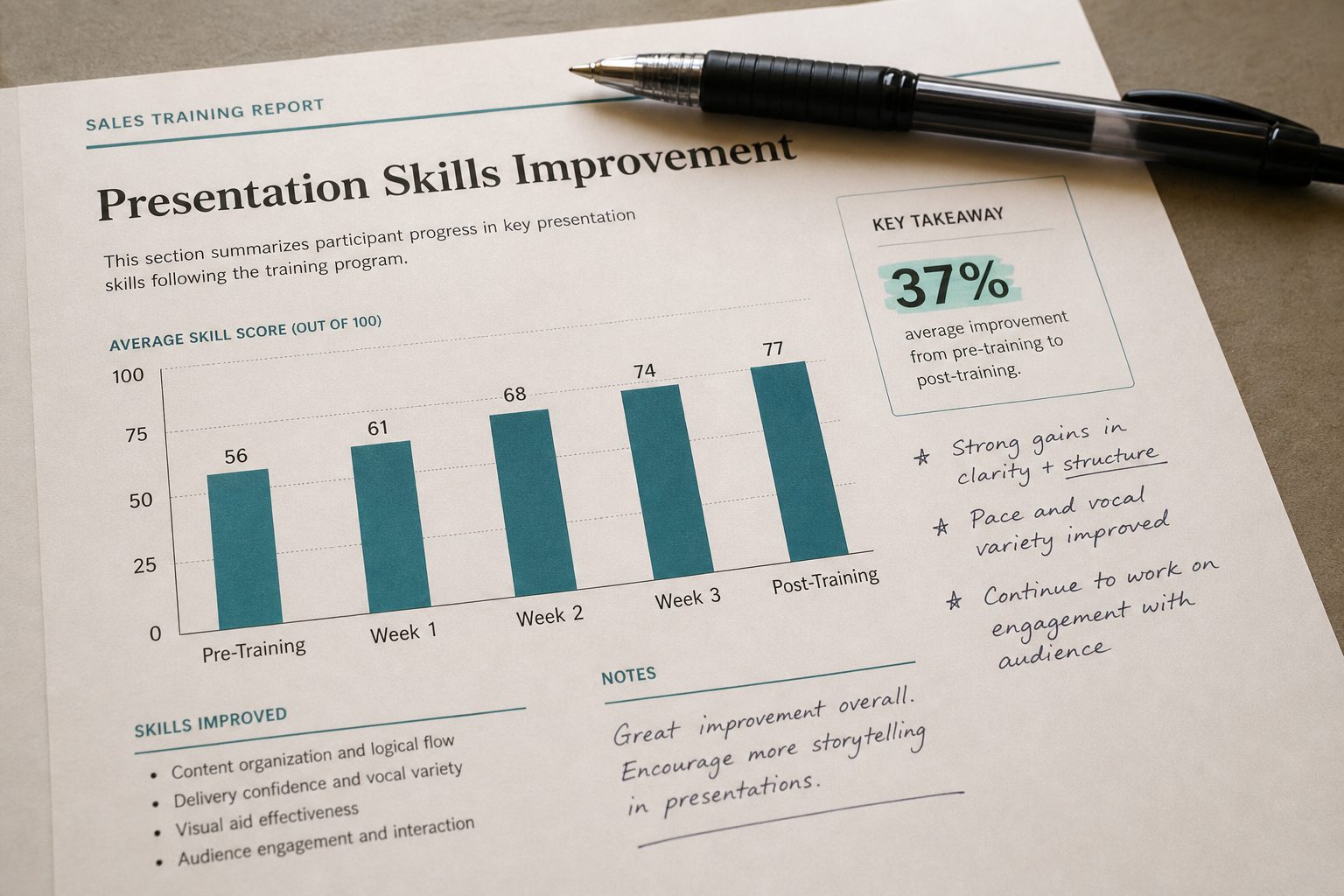 Sales training report sample with a rising presentation-skills improvement chart