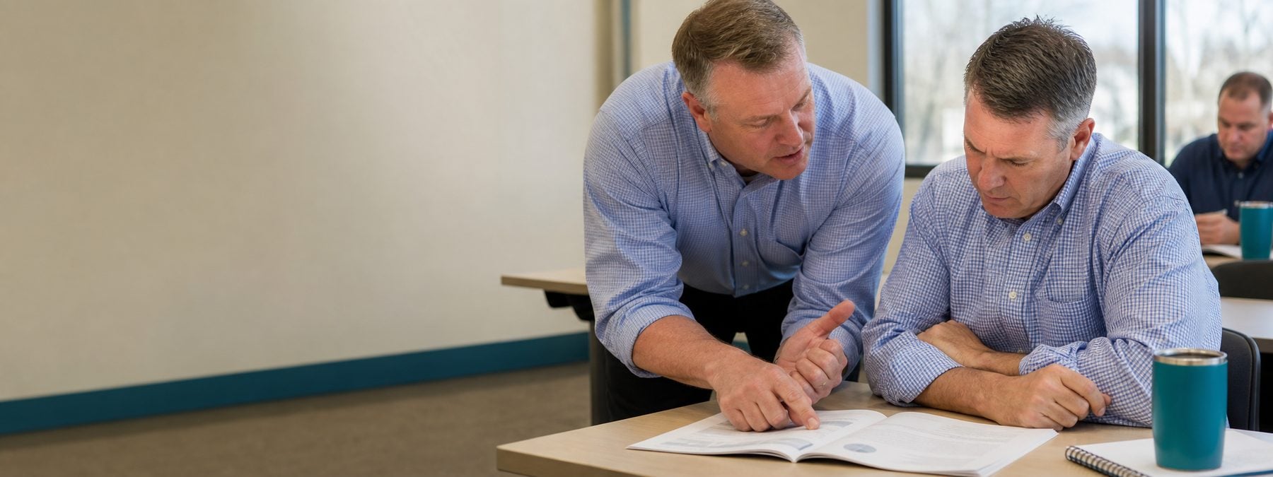 A sales trainer coaching a salesperson over a workbook during a workshop