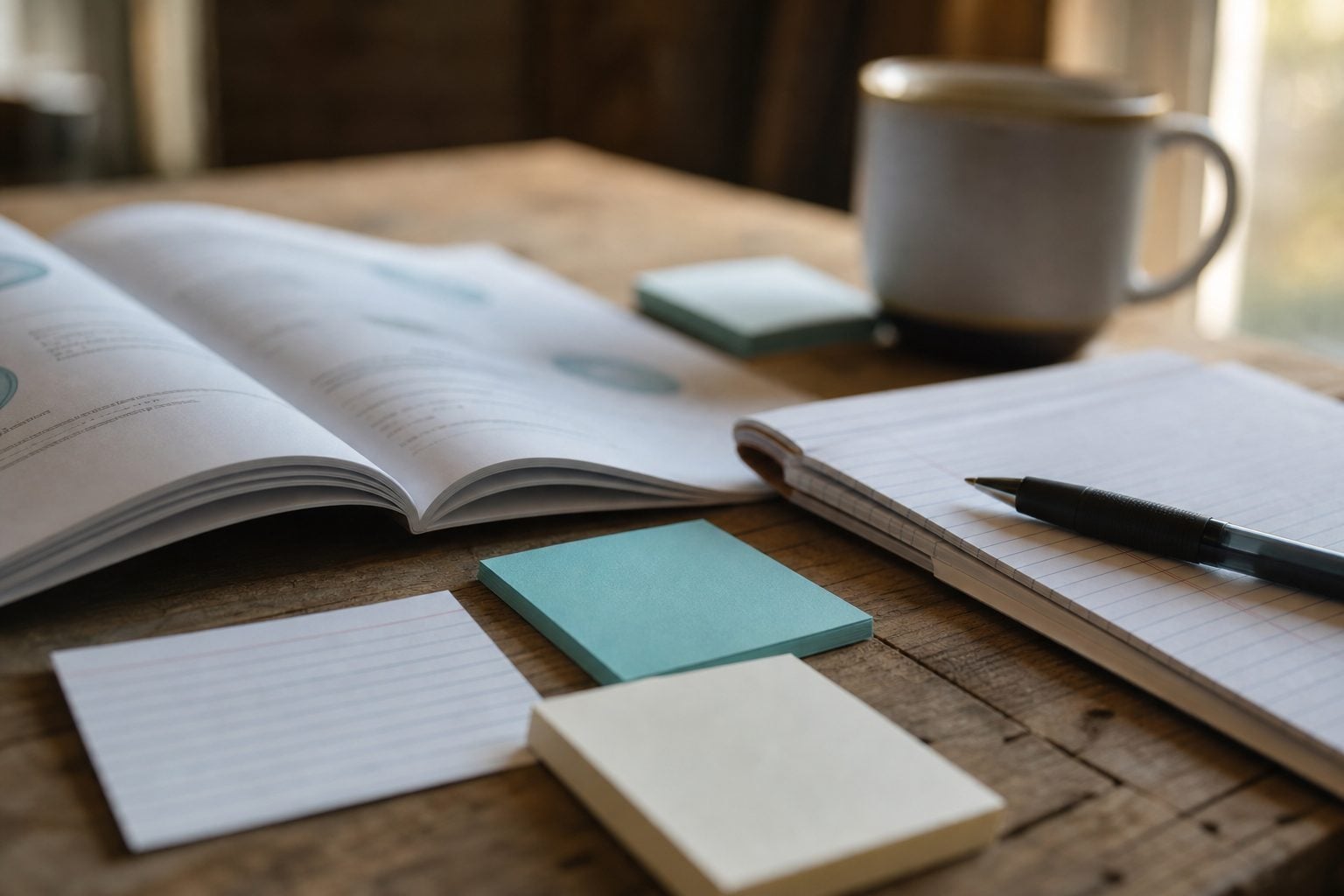 An open Action Selling training workbook, notepad, and note cards on a workshop table