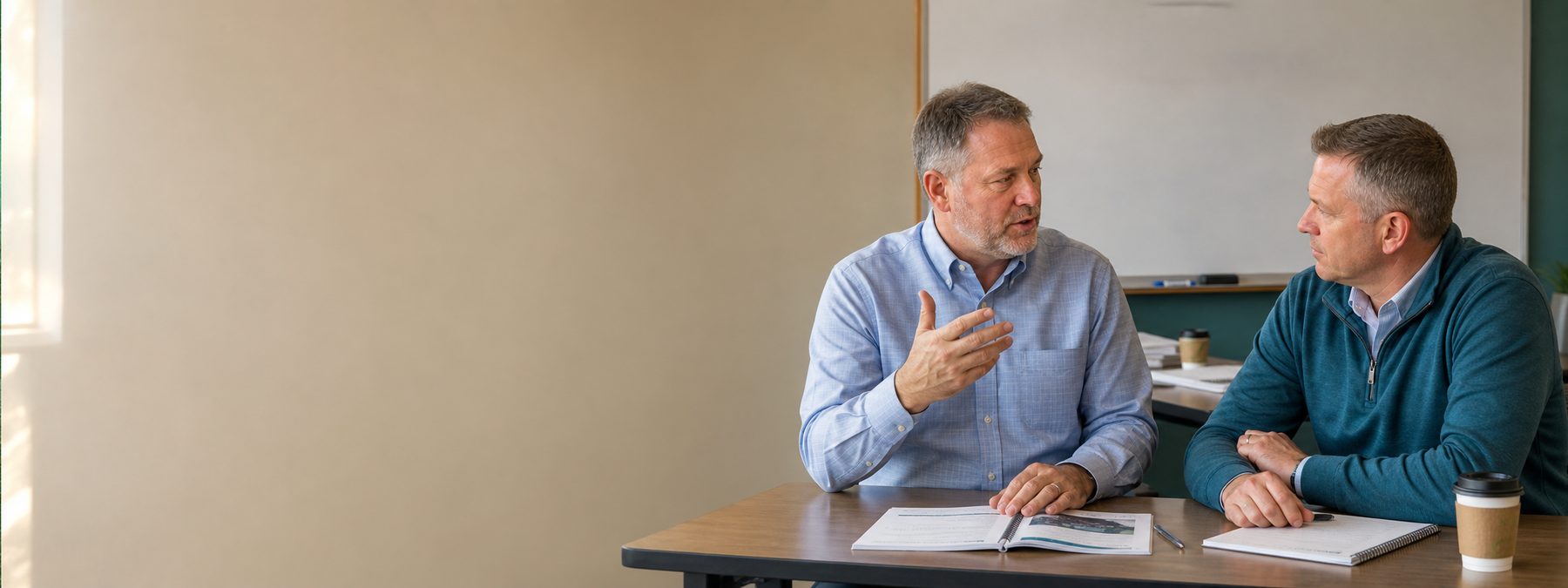 Two sales trainers discussing pricing strategy during a Selling Your Price training session