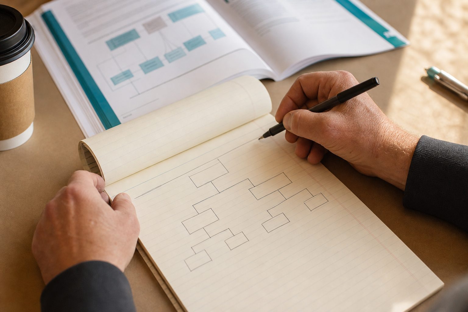 A salesperson mapping the players in a buyer’s decision chain on a notepad
