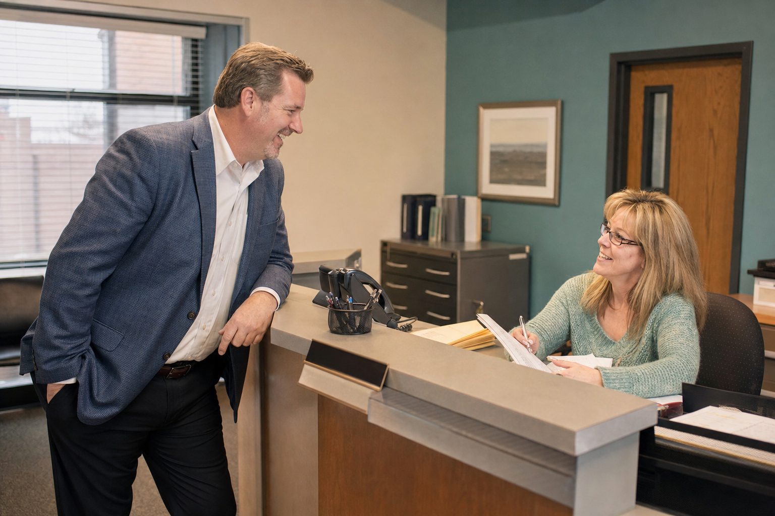 A salesperson building rapport with a gatekeeper at a front desk