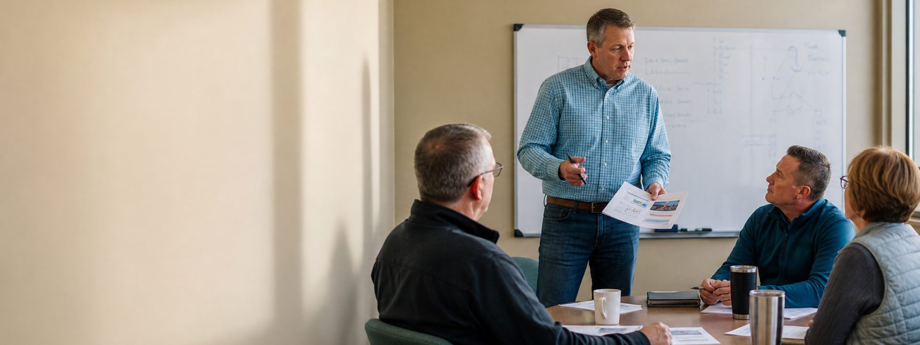 A salesperson presenting to a senior decision maker and stakeholders around a table