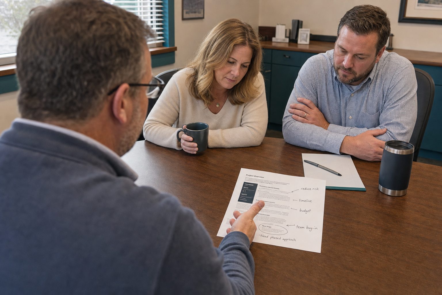 A salesperson presenting to key stakeholders around a table