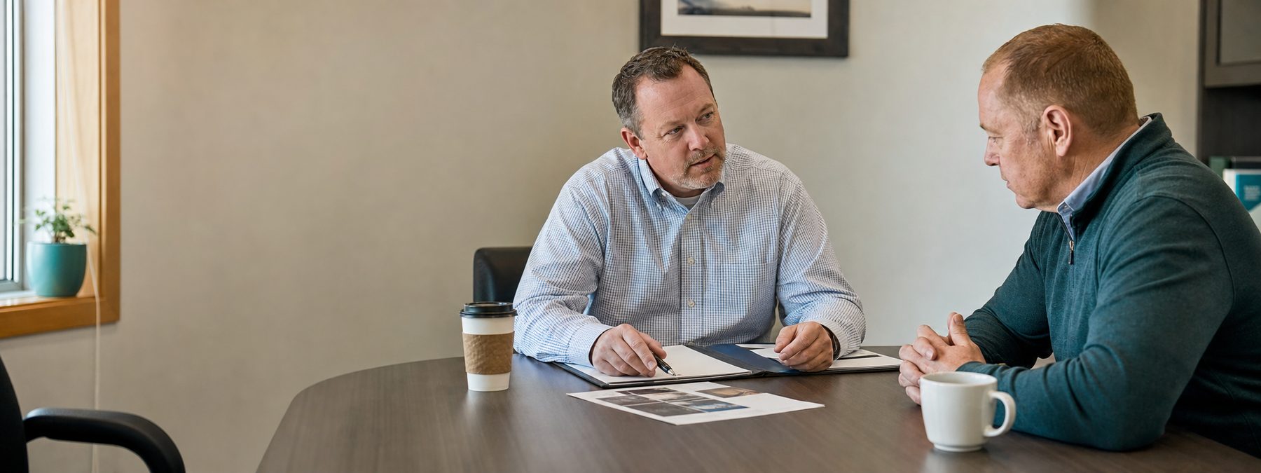 A salesperson and a buyer talking across a table during a sales meeting