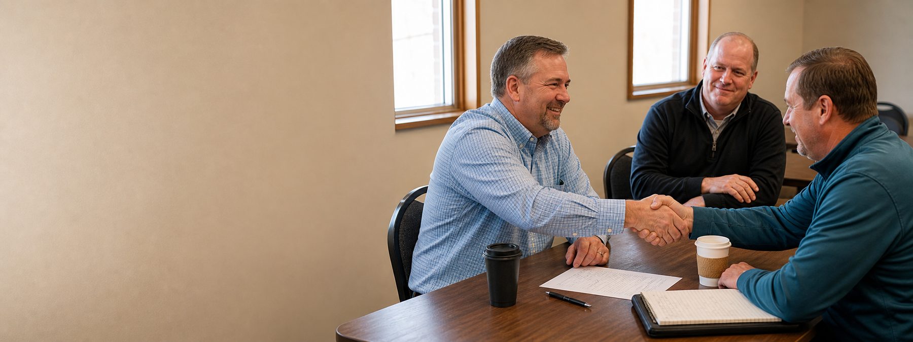 Salespeople confirming a closed deal with a handshake during a training workshop