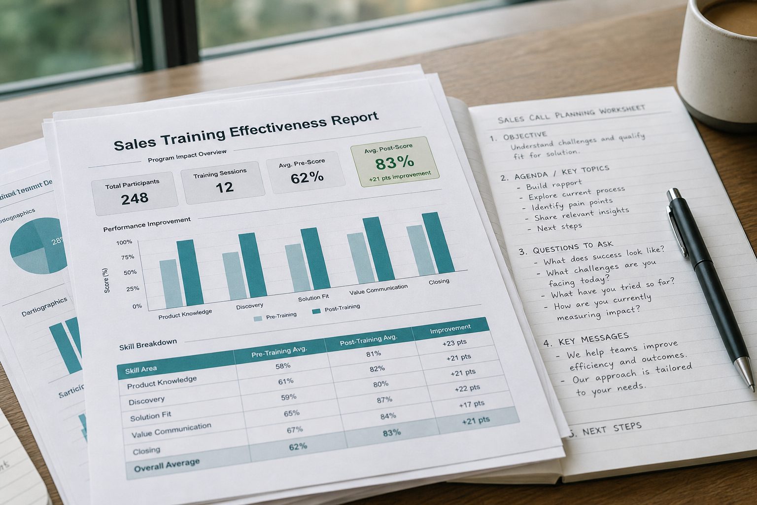 Big Data sales training report pages and call-planning notes on a table