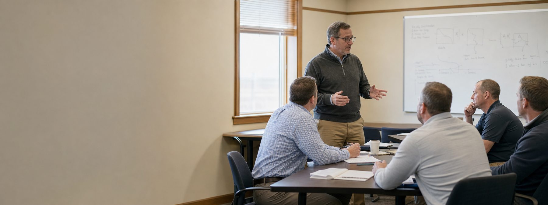 Commercial construction equipment sales team in a training workshop