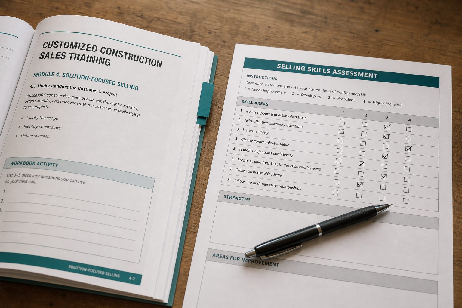 Customized construction sales training workbook and assessment sheet