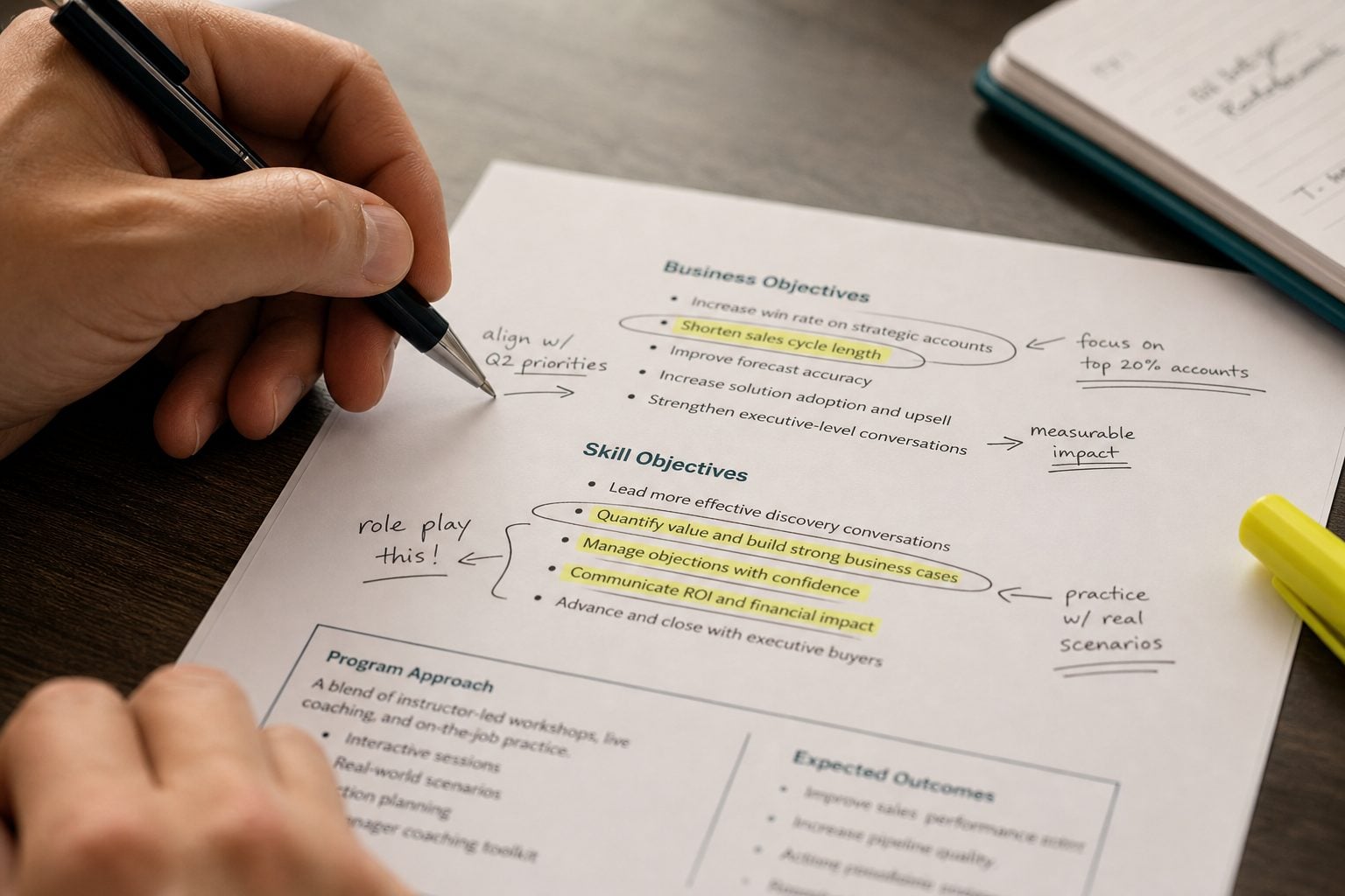 A consultant annotating a client’s business and skill objectives on a printed proposal