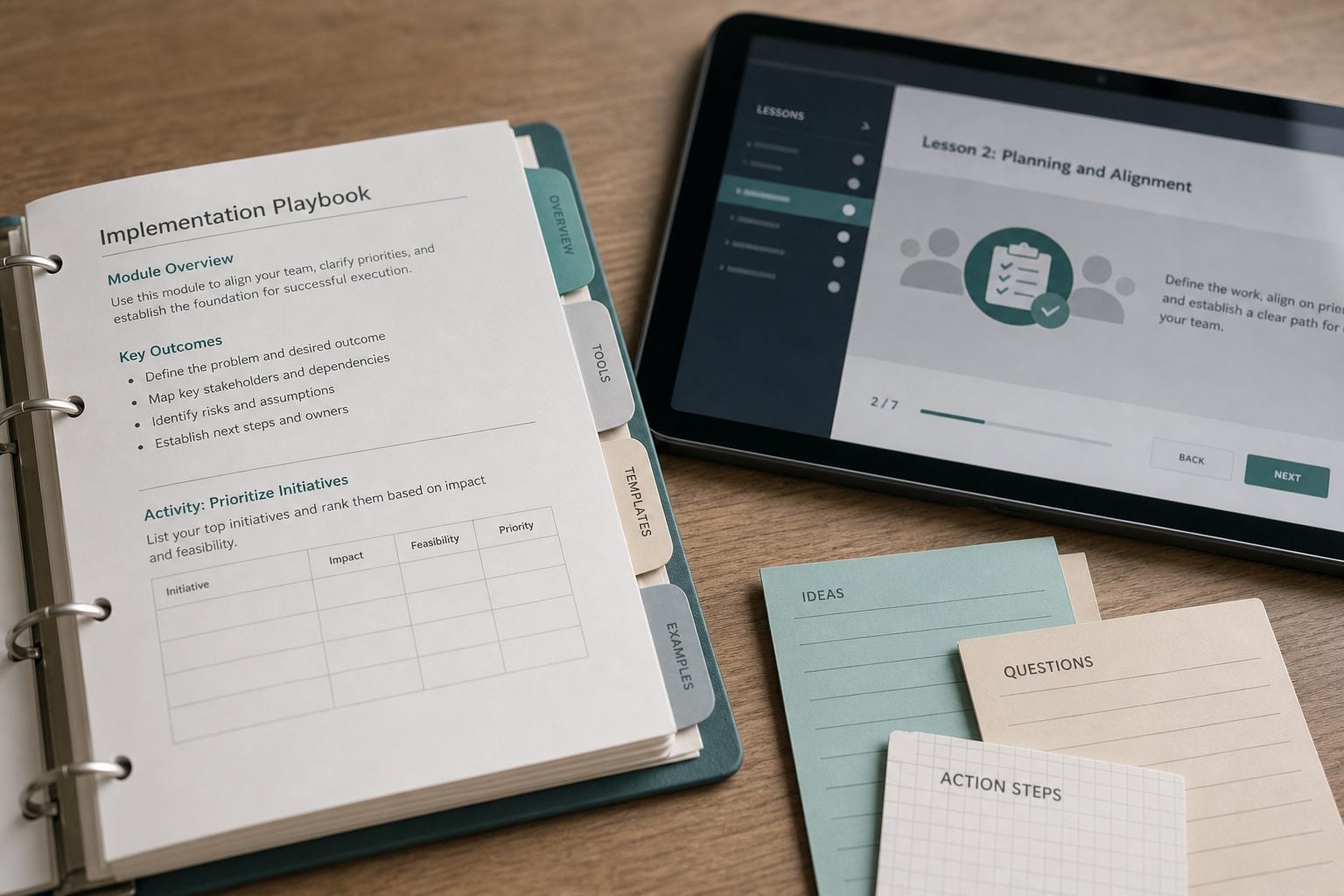 An open training workbook and eLearning tablet ready to be tailored on a workshop table