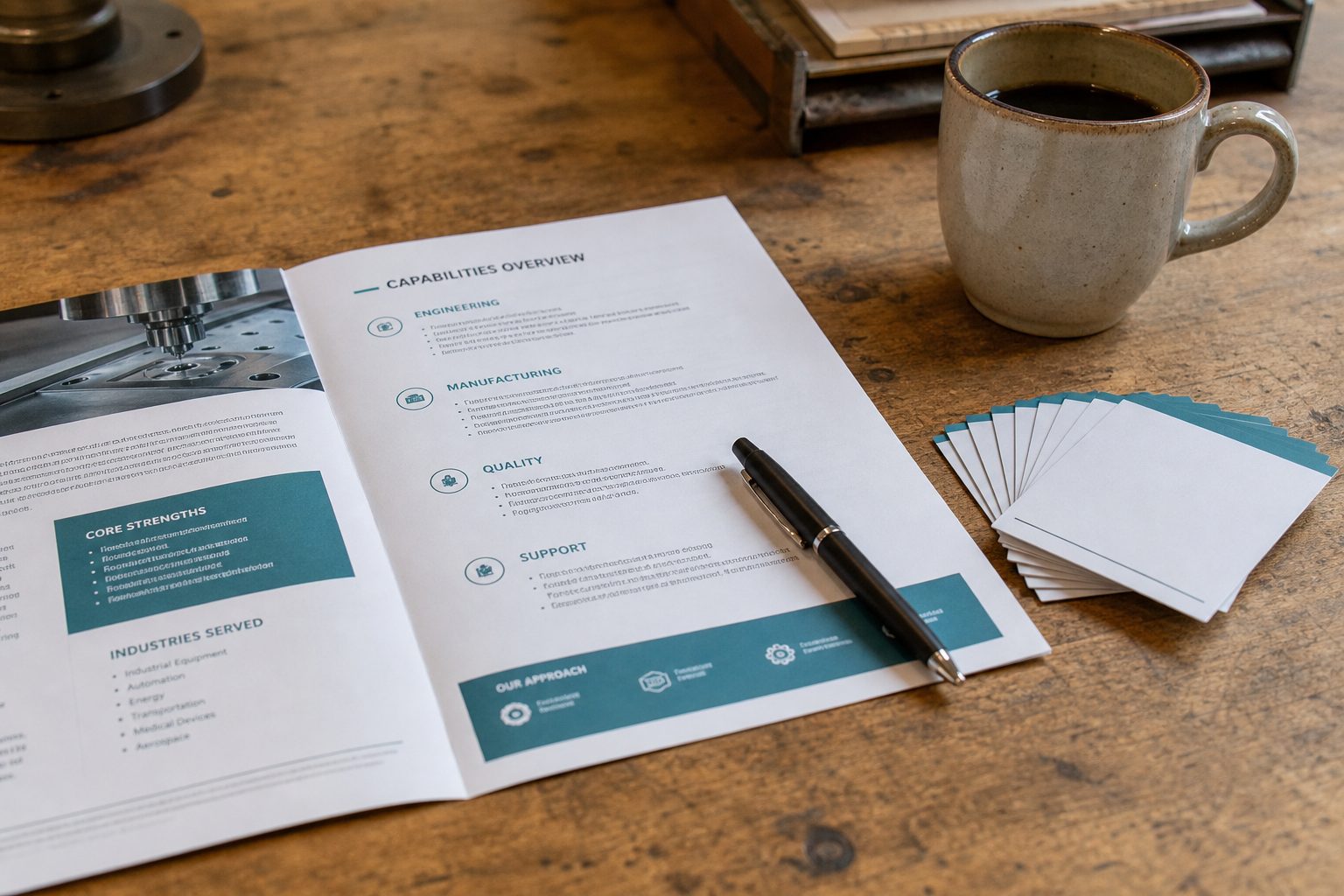 An open company capabilities one-pager and a pen on a workshop table