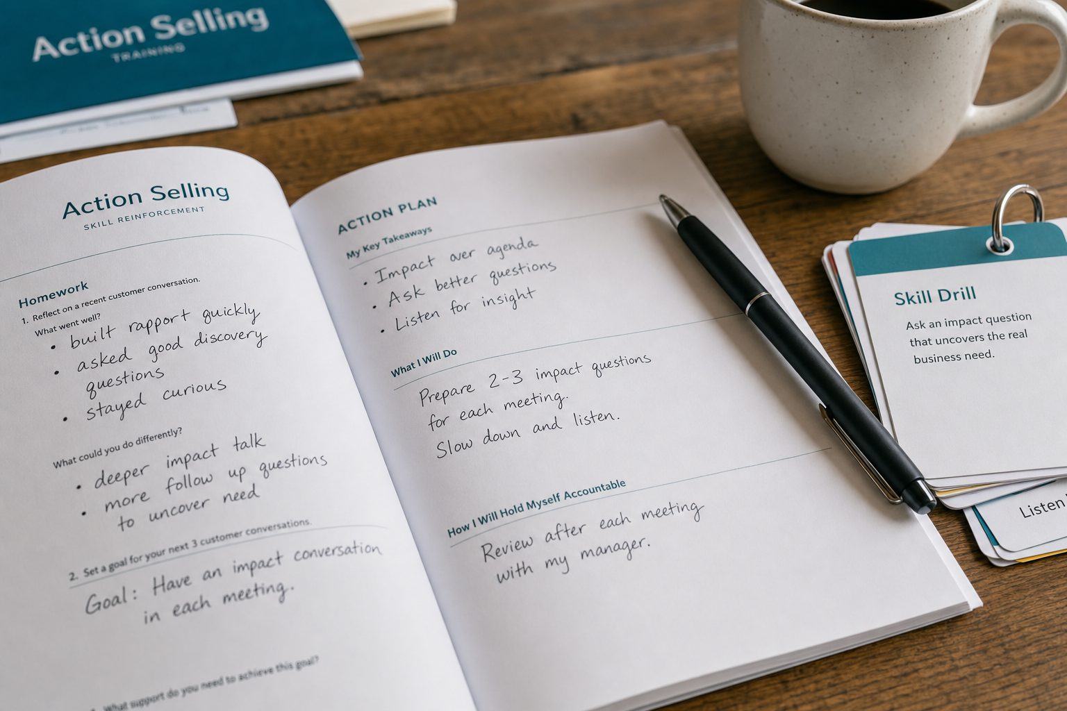 An open training workbook with skill-reinforcement homework and note cards on a workshop table