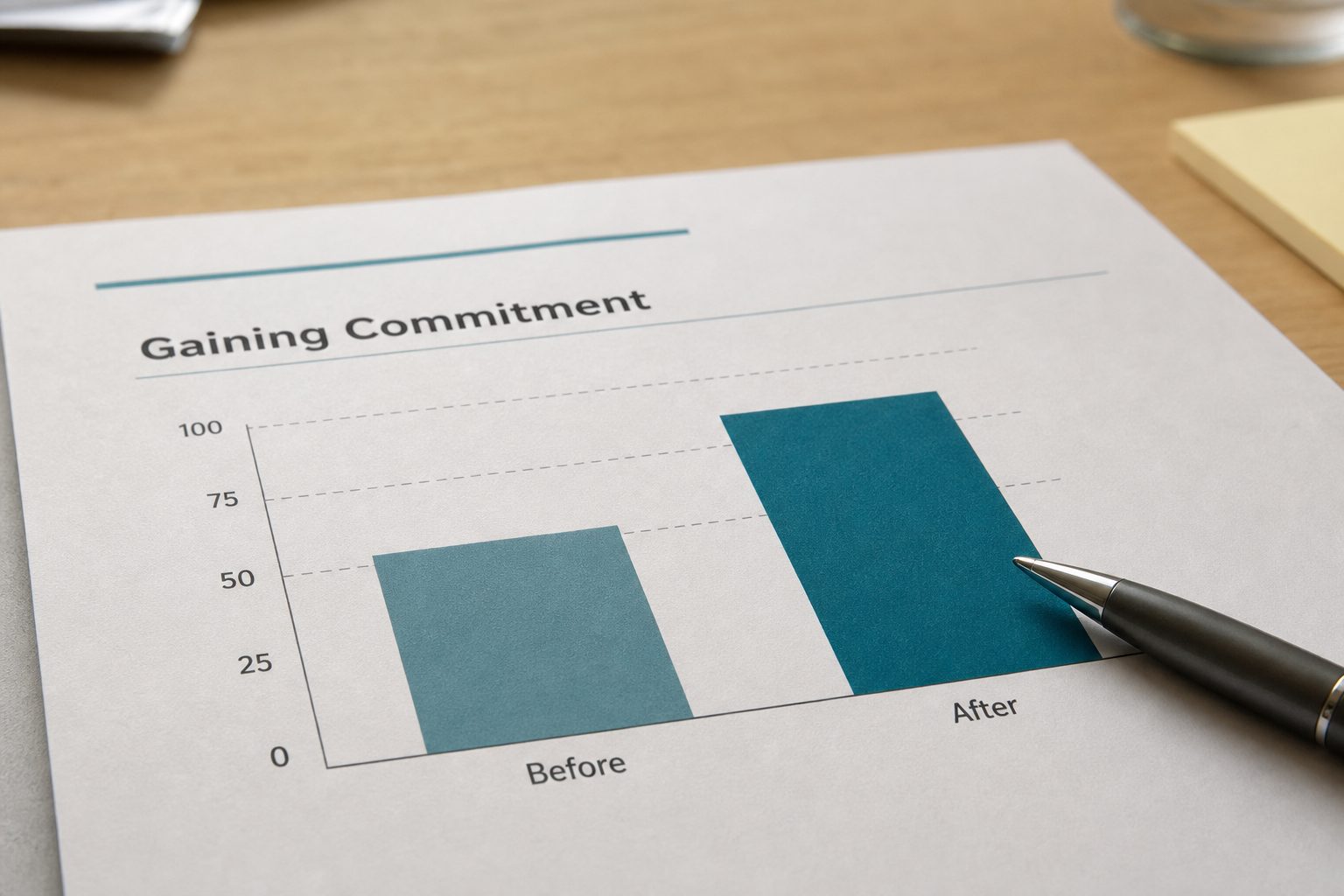 A printed Action Selling sales training report showing improvement in gaining commitment