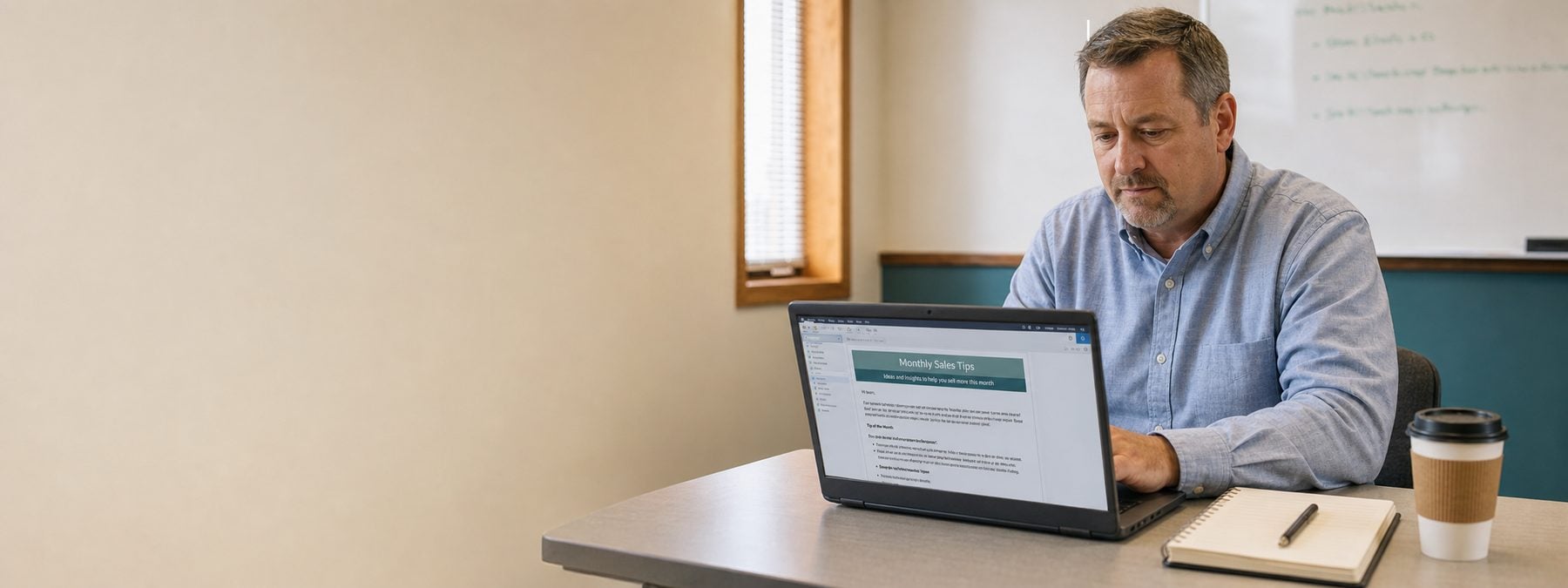 A salesperson reading the monthly eCoach newsletter on a laptop next to an open notebook