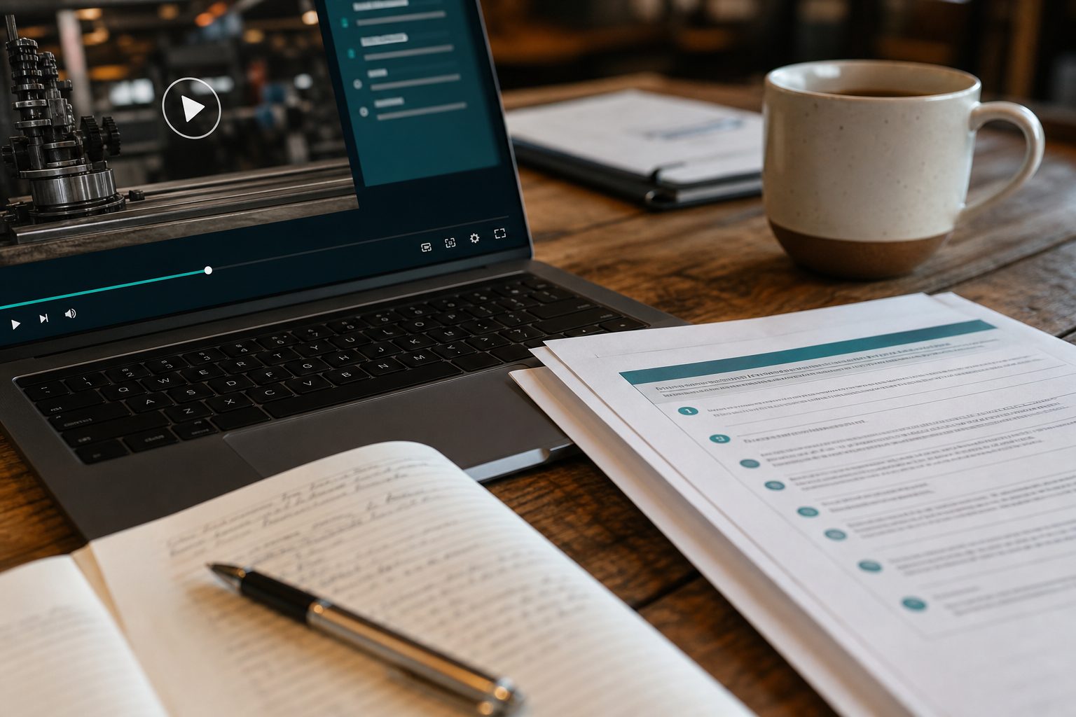 Training videos and skill-reinforcement assignments laid out on a workshop table