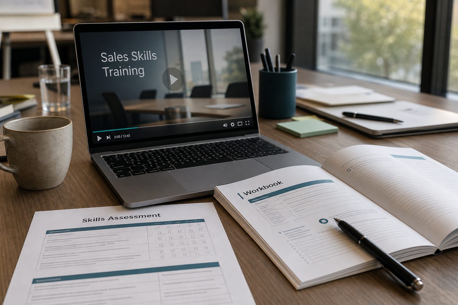 A customized Action Selling video training system on screen for a financial services team