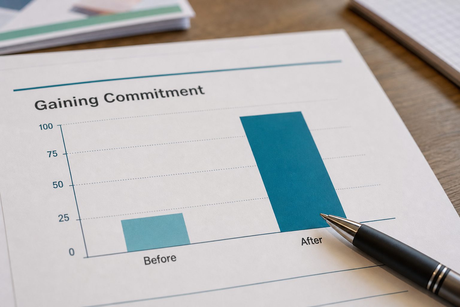 A printed sales training report showing a 190% improvement in gaining commitment for financial services