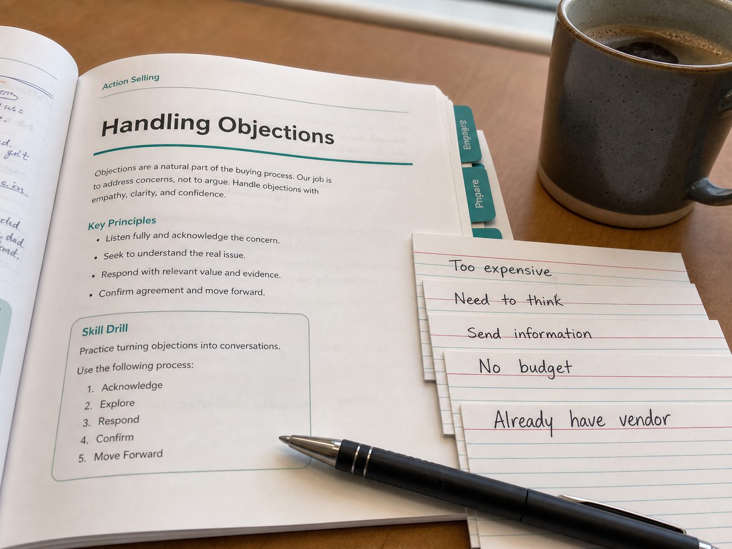 An open sales training workbook and skill-drill cards on a workshop table