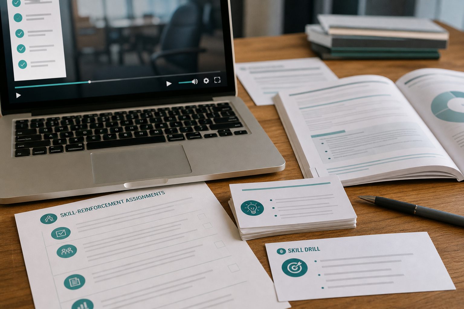 Training videos and skill-drill cards for healthcare sales reps on a workshop table
