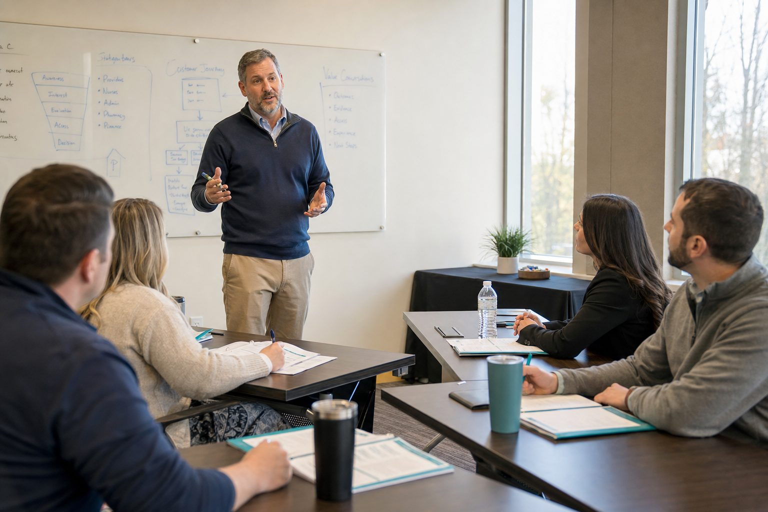 A certified Action Selling trainer leading a healthcare and pharmaceutical sales workshop