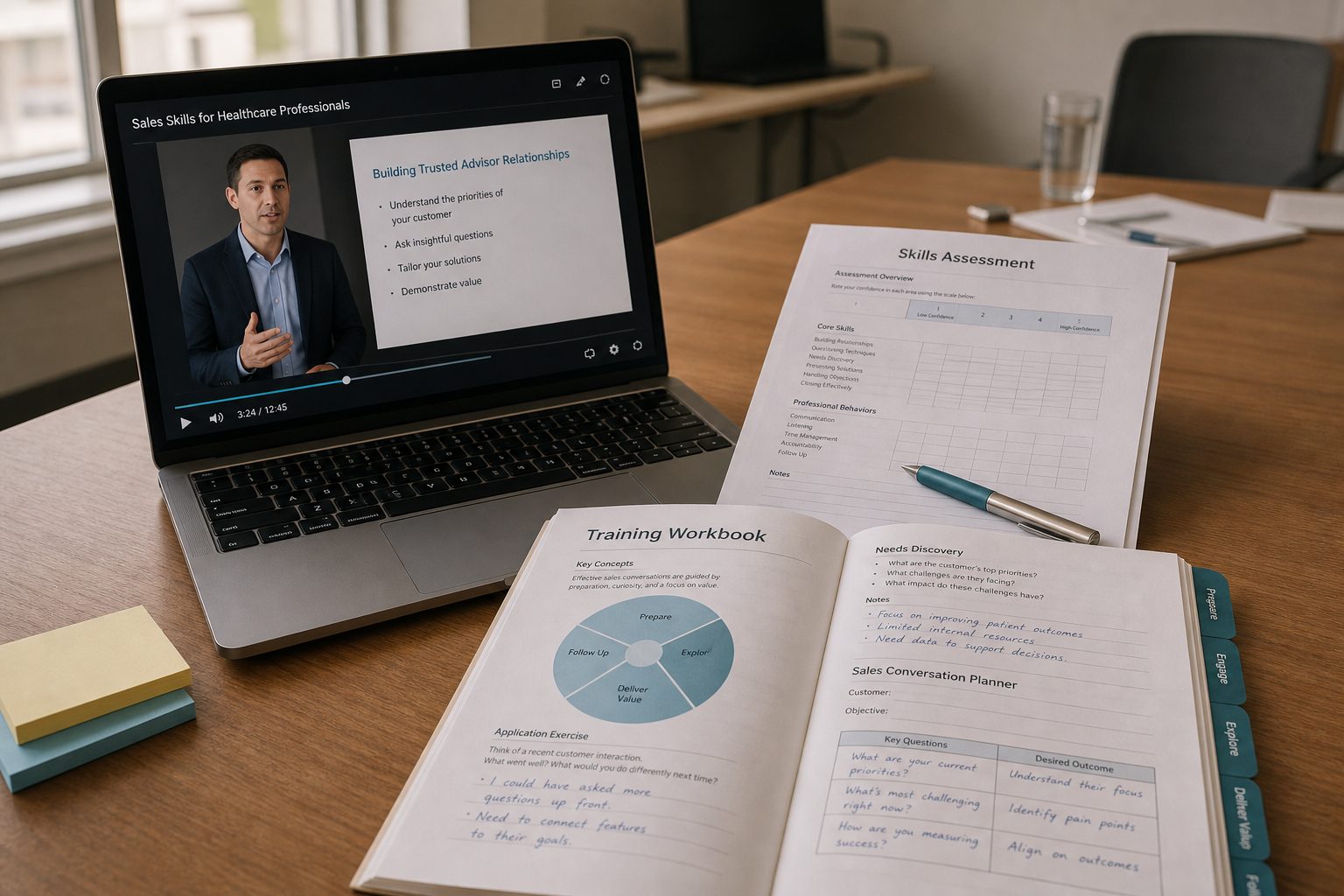 An Action Selling video training system on screen for a healthcare sales team