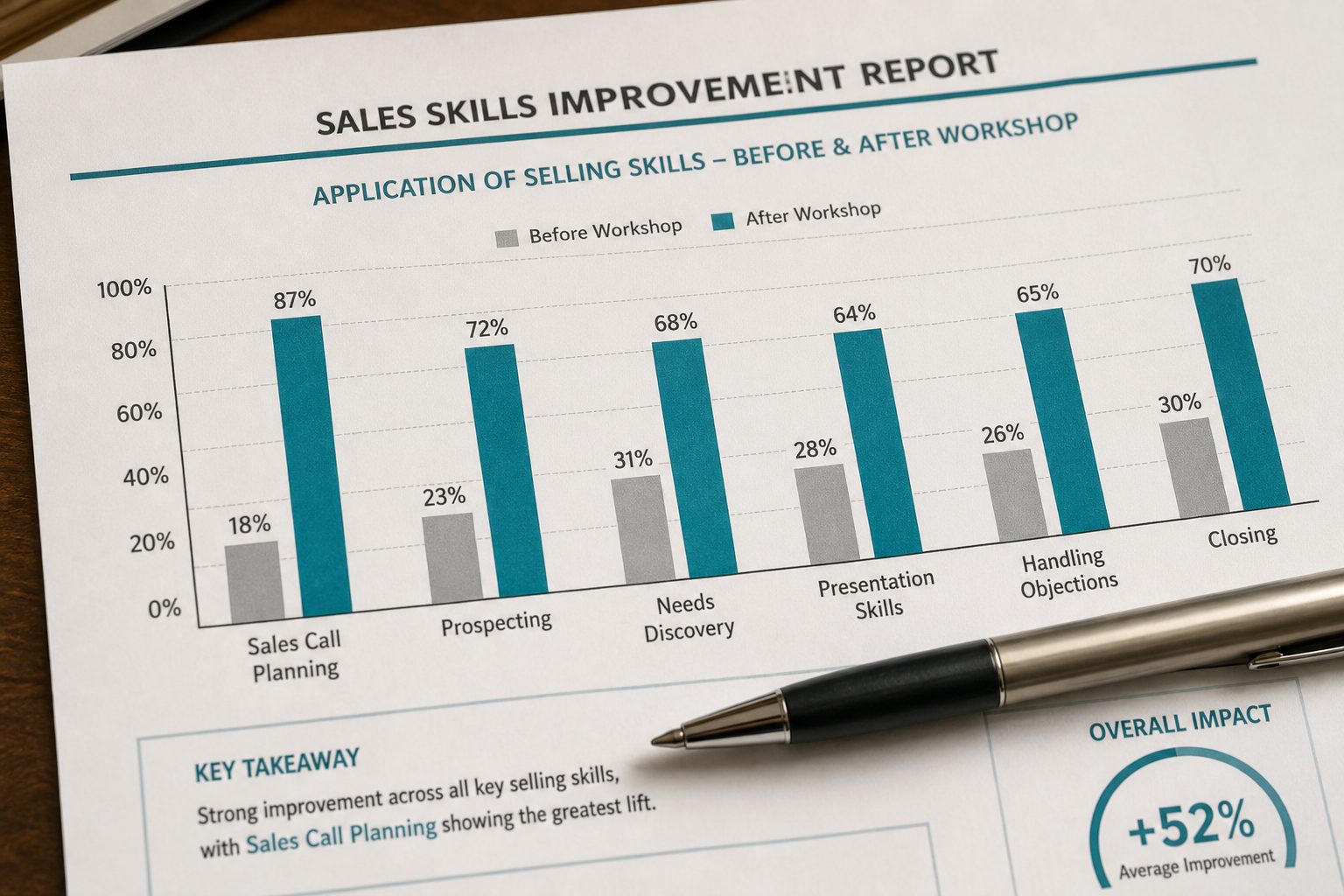 A printed sales training report showing improvement in sales call planning for healthcare