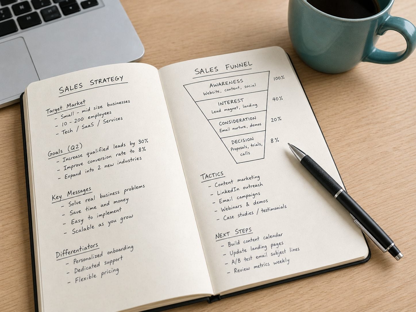 Handwritten sales strategy notes