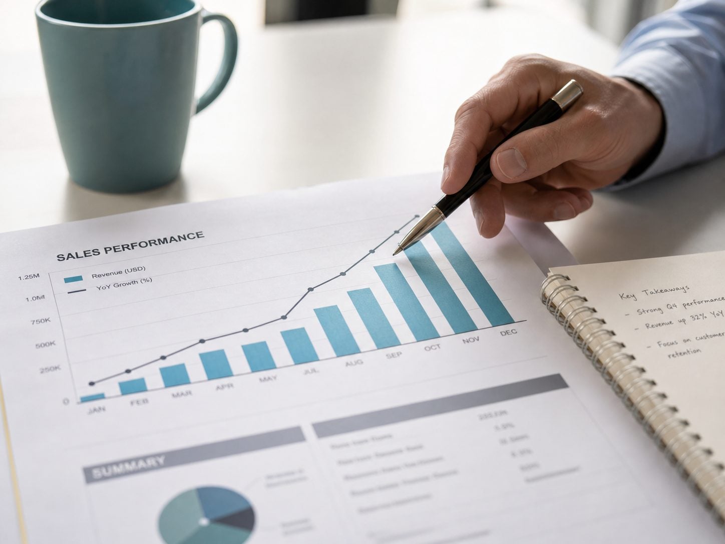 Notes showing a rising sales performance chart