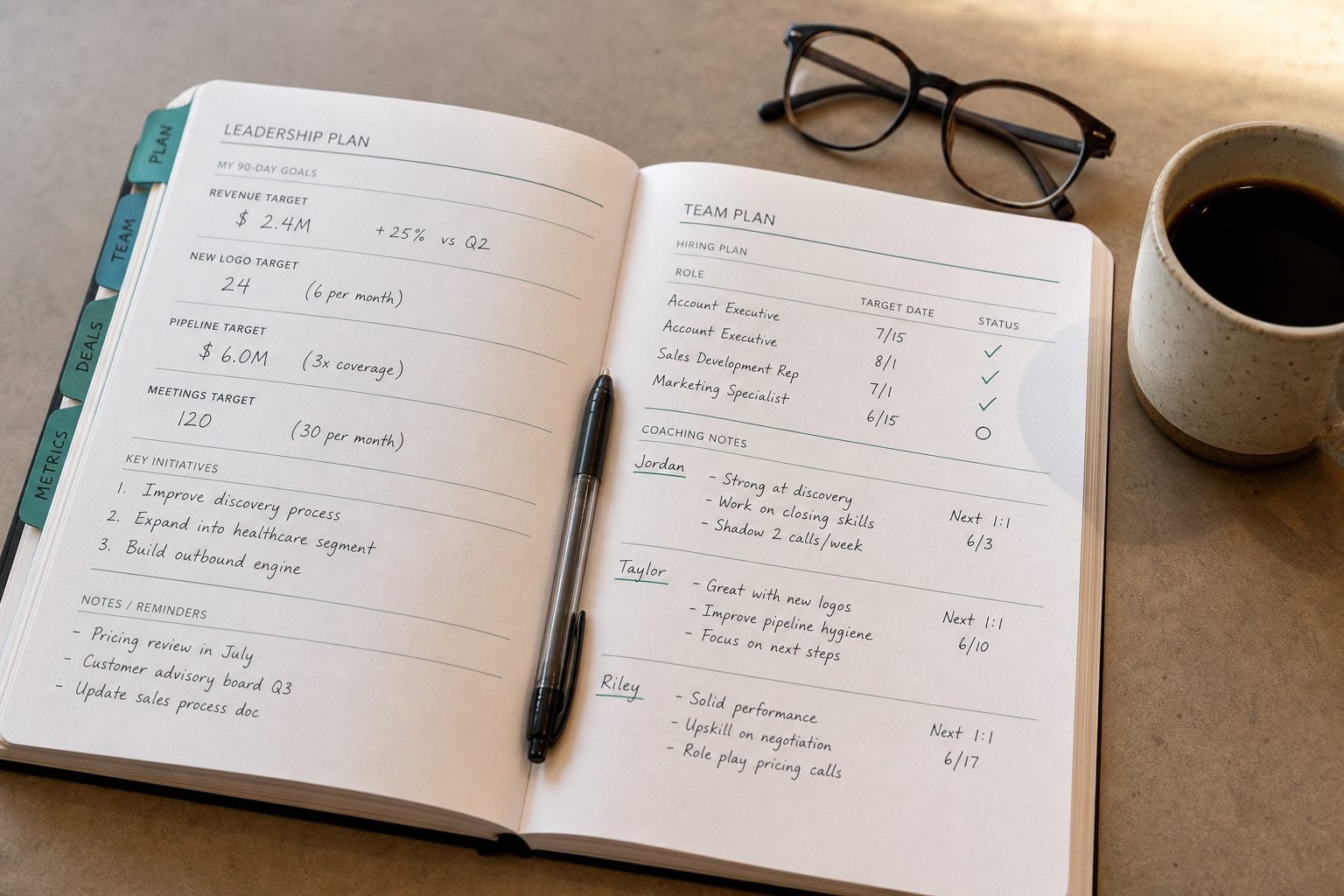 An open sales leadership planning workbook with goal-setting and coaching notes on a workshop table