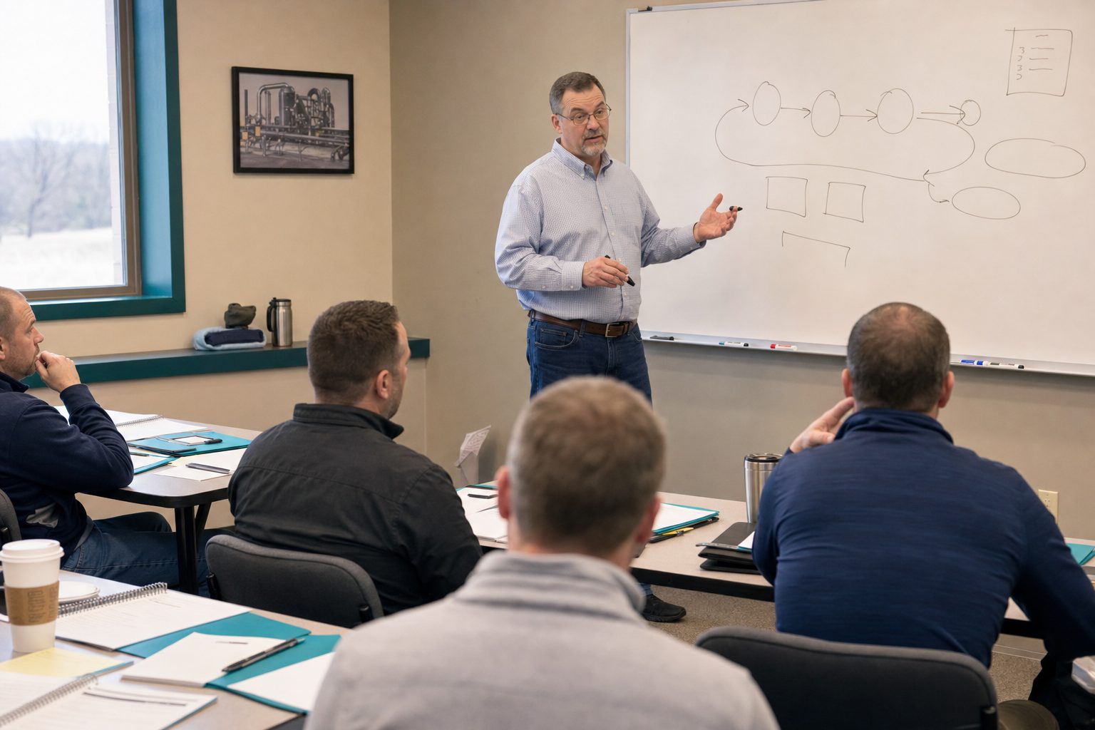 A certified sales instructor leading a manufacturing sales training session