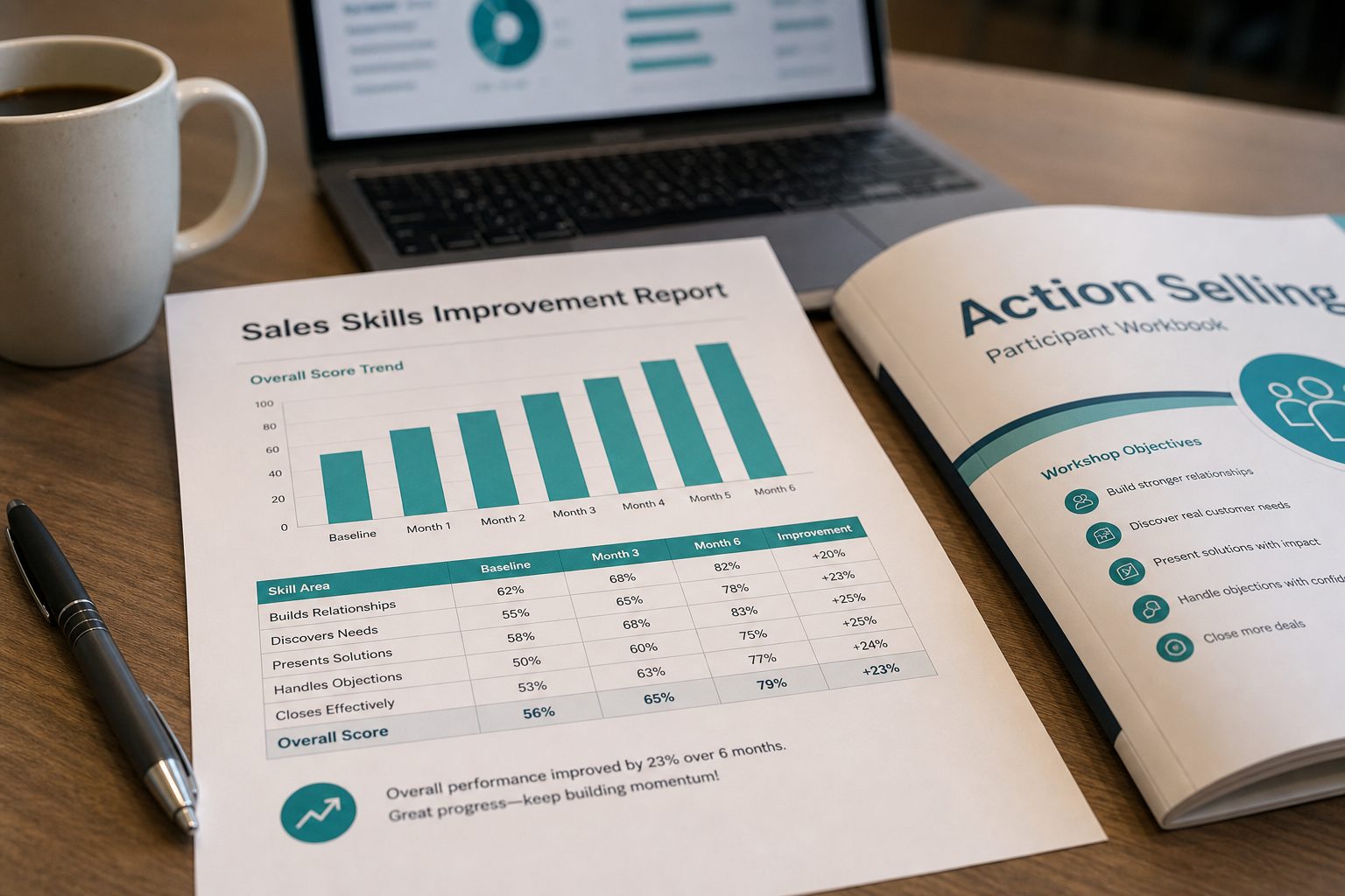 A printed sales-skills improvement report and training workbook on a table