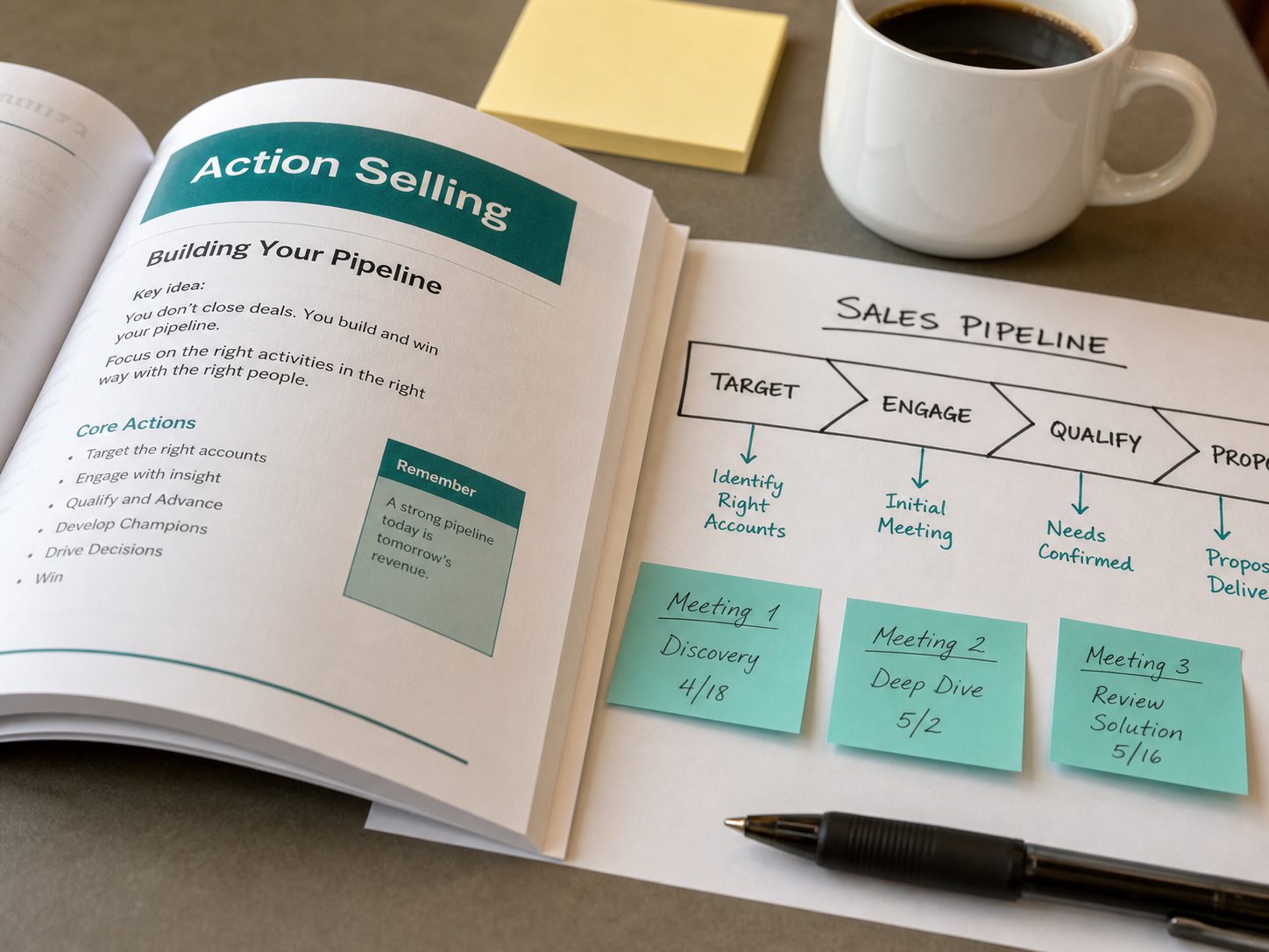 An open sales training workbook and pipeline notes on a workshop table