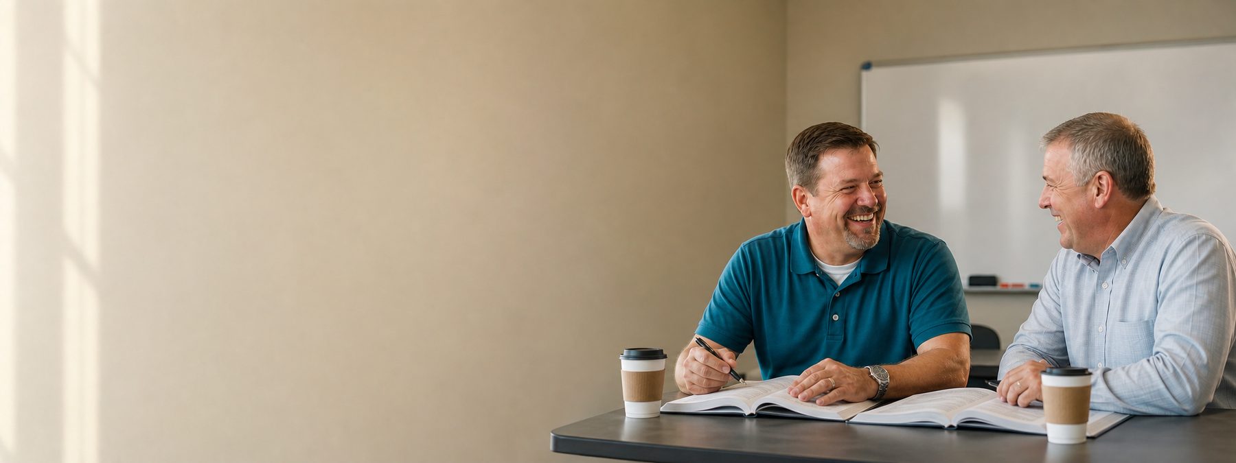 A salesperson and a customer sharing a warm, genuine moment at a workshop