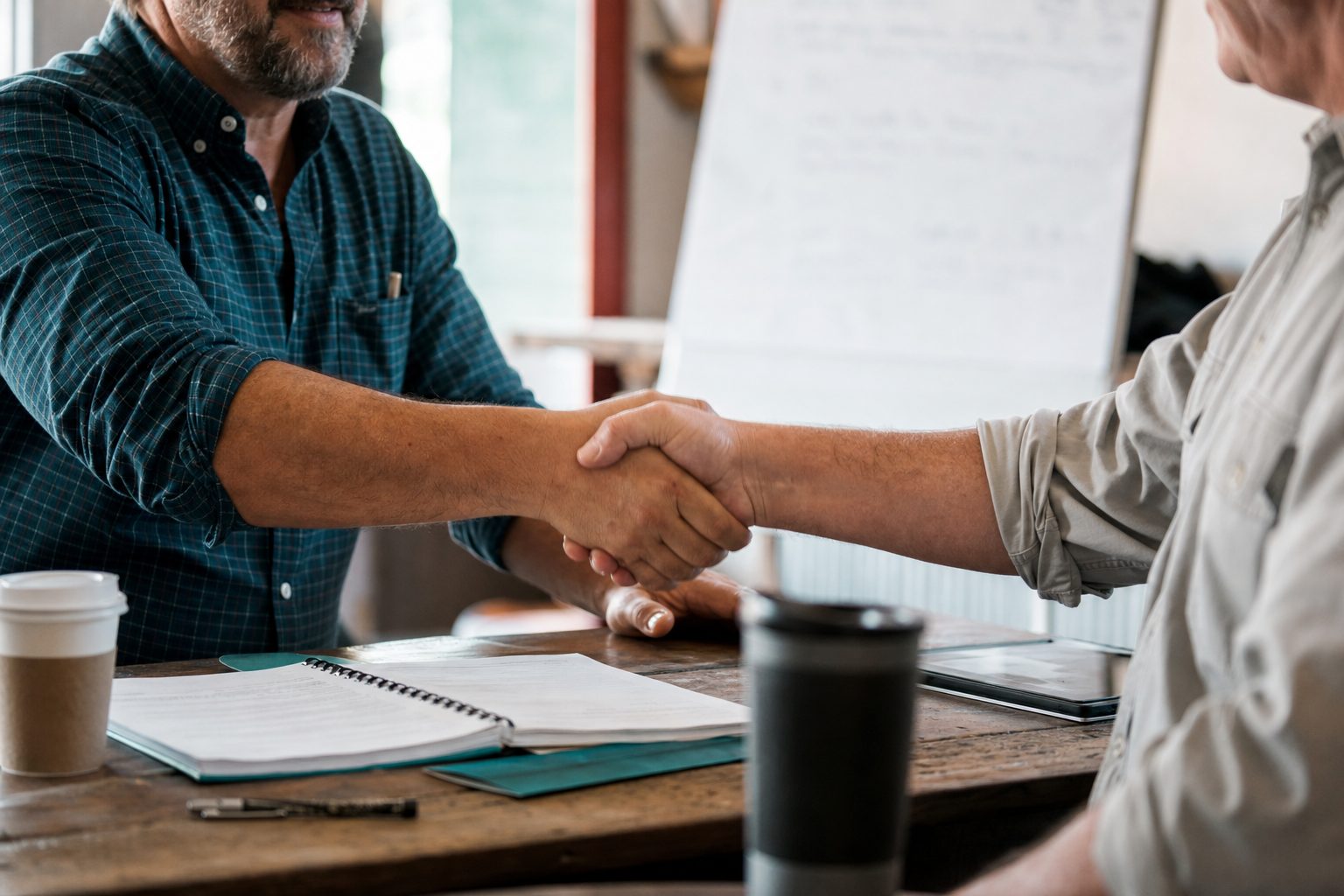 A candid handshake between two people at a workshop table