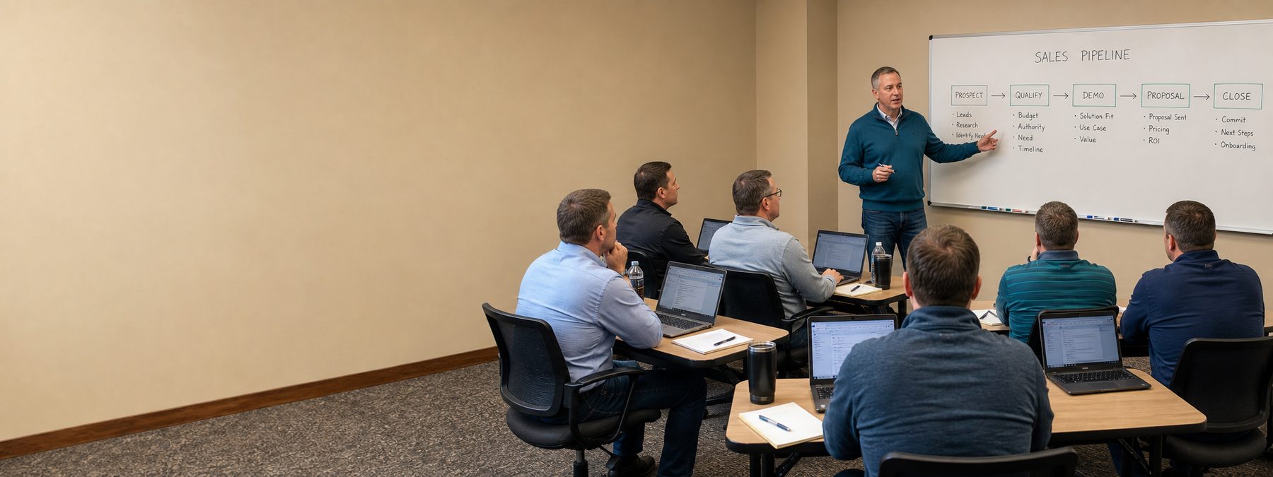 A software sales team working through a SaaS sales training session with laptops