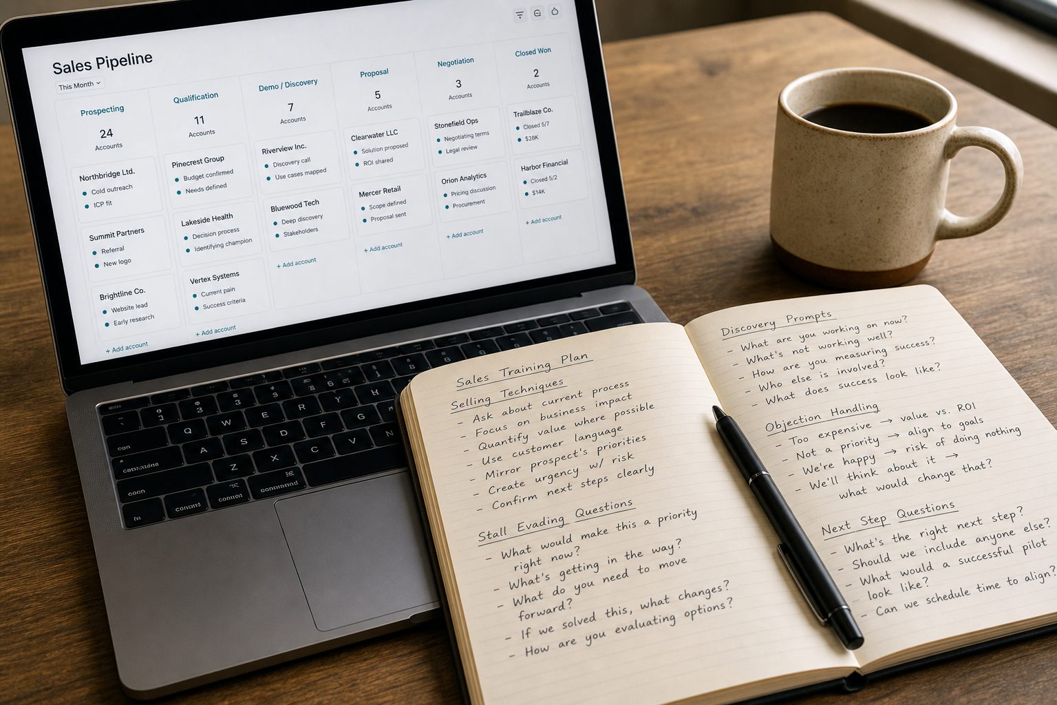 A laptop showing a sales pipeline beside a notebook of sales techniques and questions
