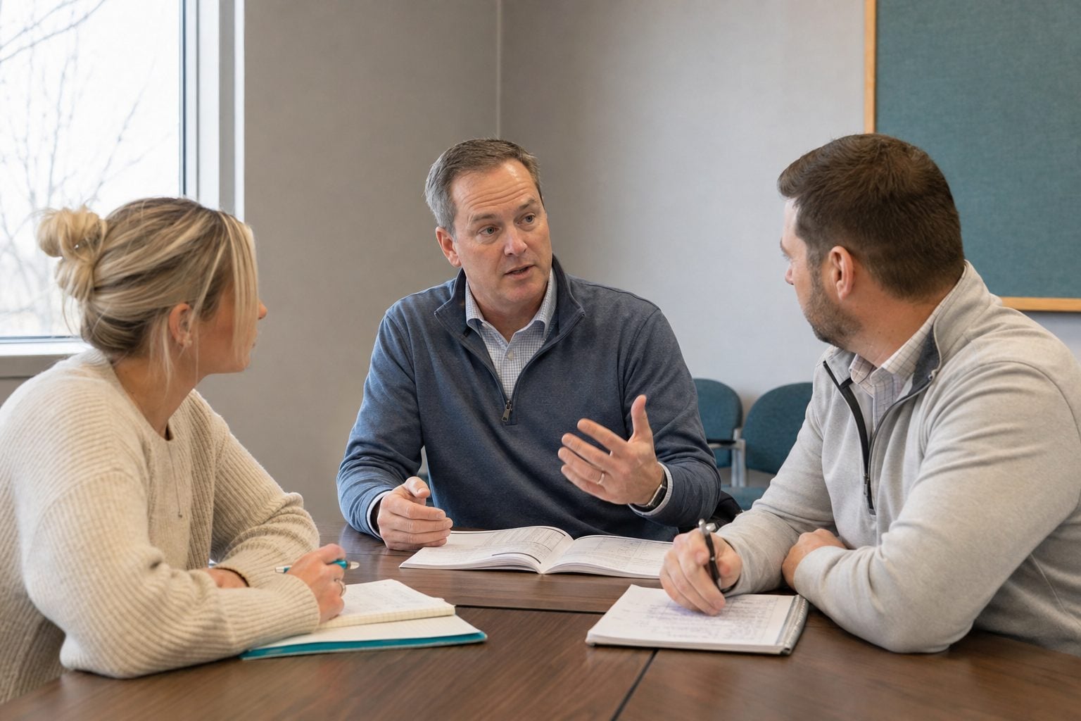 A sales manager coaching two team members during a sales culture workshop