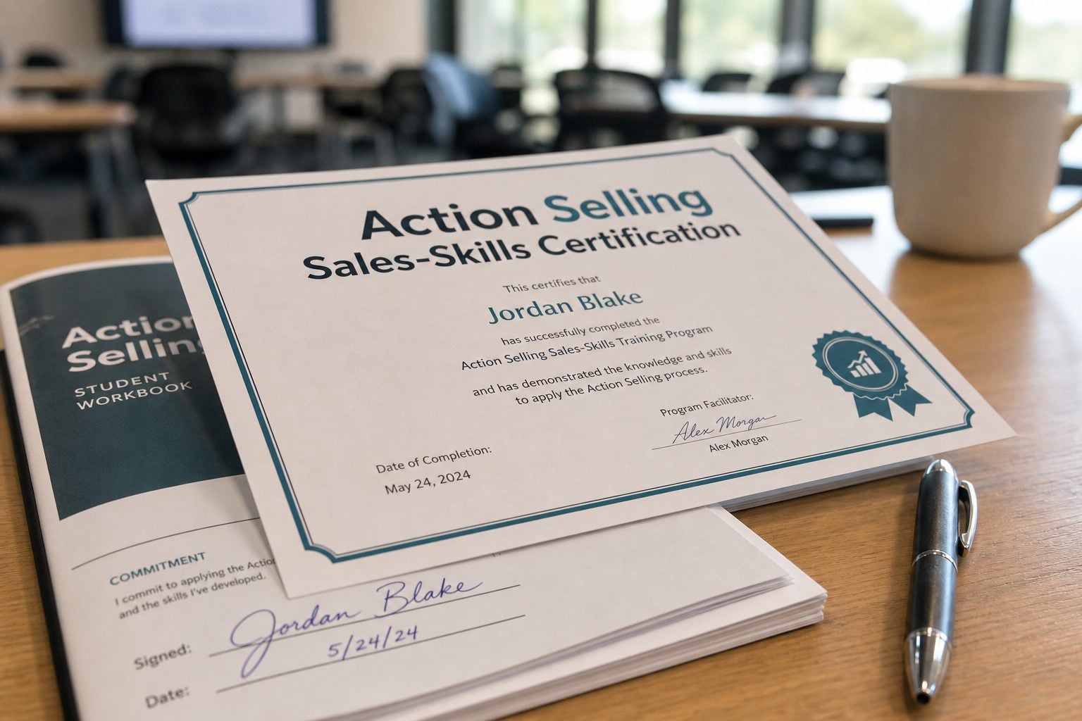 A completed Action Selling sales skills certificate and a signed student workbook on a workshop table